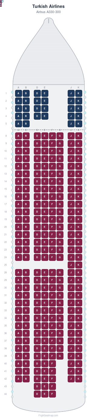 Turkish Airlines Airbus A330-300 seat map layout for flight TK1954 from AMS to IST