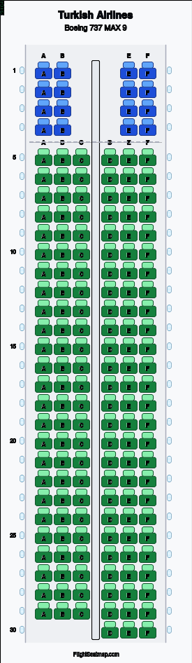 Turkish Airlines Boeing 737 MAX 9 seat map layout showing 2-class configuration with 169 seats