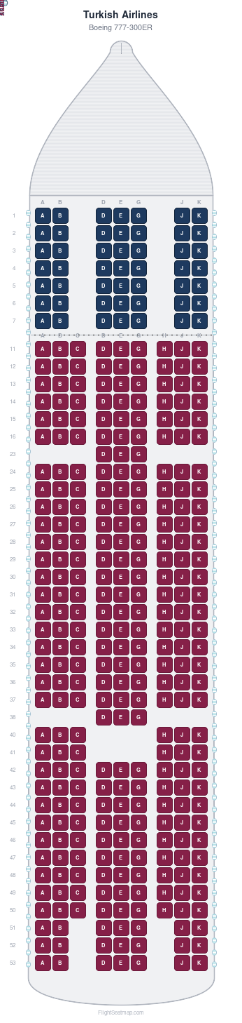 Turkish Airlines Boeing 777-300ER seat map layout for flight TK1875 from IST to MXP
