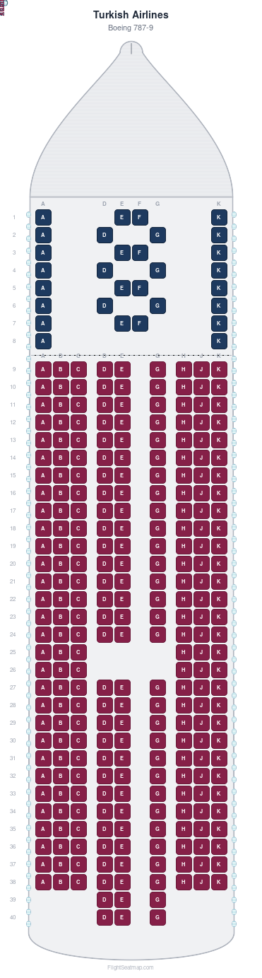 Turkish Airlines Boeing 787-9 seat map layout for flight TK187 from IST to IAD