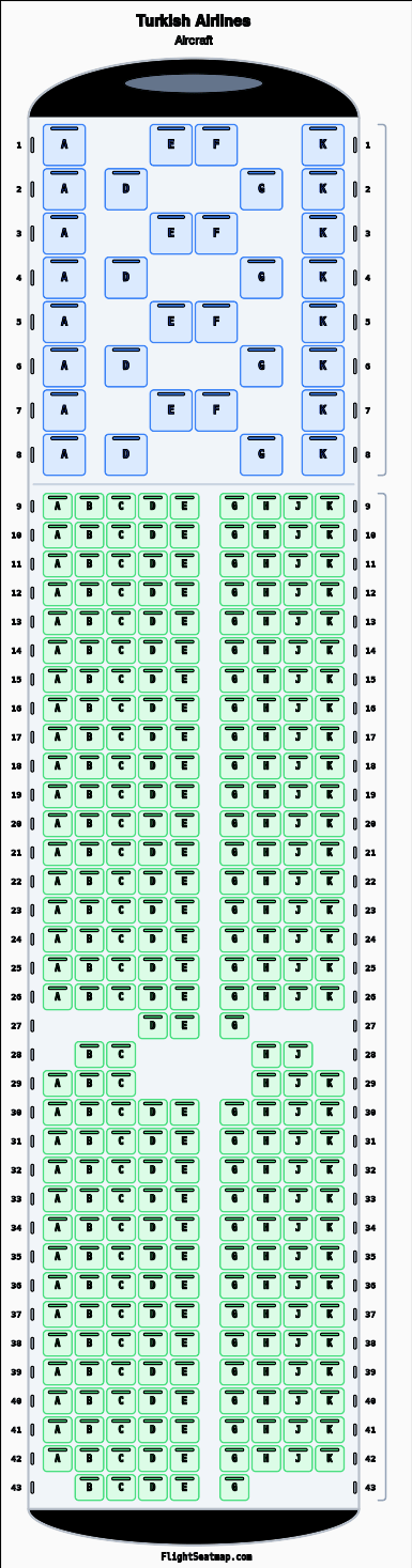 Turkish Airlines  seat map layout showing 2-class configuration with 329 seats