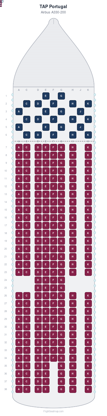 TAP Portugal Airbus A330-200 seat map layout showing 2-class configuration with 269 seats