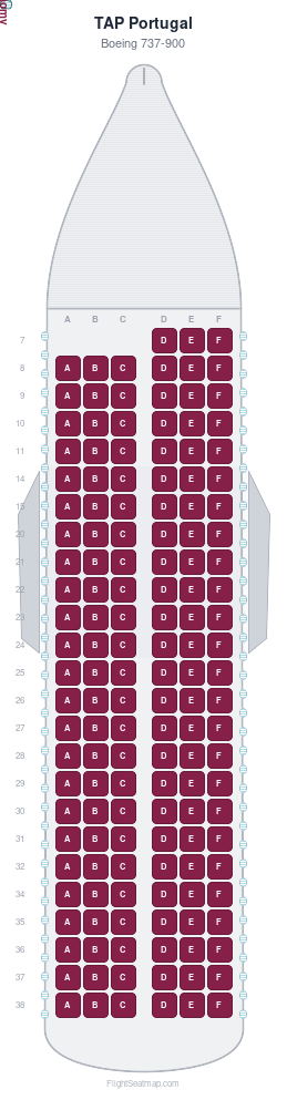 TAP Portugal Boeing 737-900 seat map layout showing 1-class configuration with 147 seats