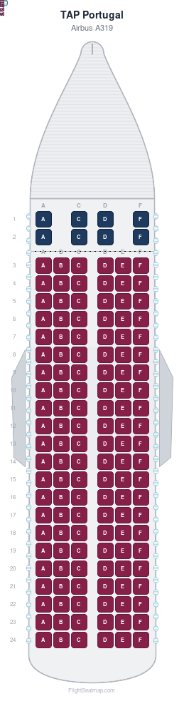 TAP Portugal Airbus A319 seat map layout showing 2-class configuration with 140 seats