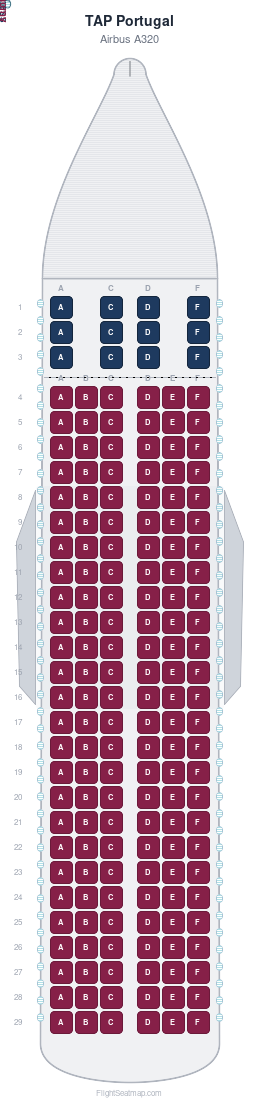 TAP Portugal Airbus A320 seat map layout showing 2-class configuration with 168 seats