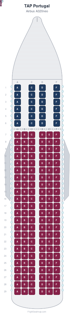 TAP Portugal Airbus A320neo seat map layout showing 2-class configuration with 162 seats