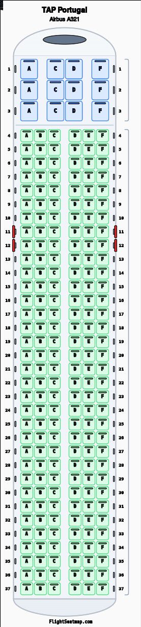 TAP Portugal Airbus A321 seat map layout showing 2-class configuration with 216 seats