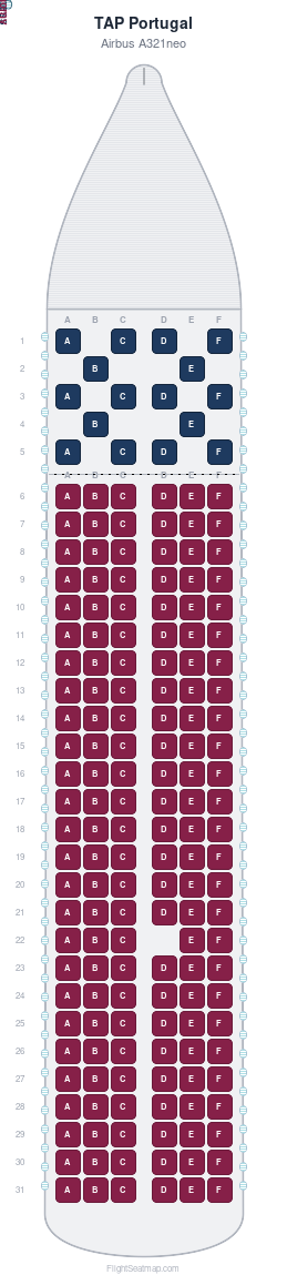TAP Portugal Airbus A321neo seat map layout showing 2-class configuration with 171 seats