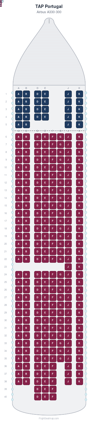 TAP Portugal Airbus A330-300 seat map layout showing 2-class configuration with 289 seats