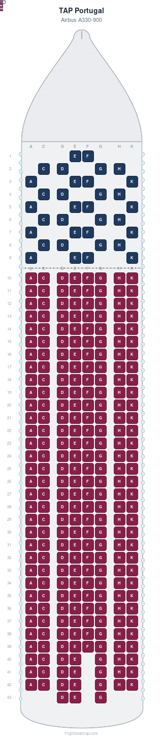 TAP Portugal Airbus A330-900 seat map layout showing 2-class configuration with 298 seats