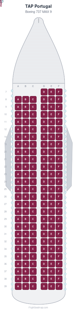 TAP Portugal Boeing 737 MAX 9 seat map layout showing 1-class configuration with 159 seats