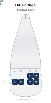 TAP Portugal Embraer E190 seat map layout showing 1-class configuration with 6 seats