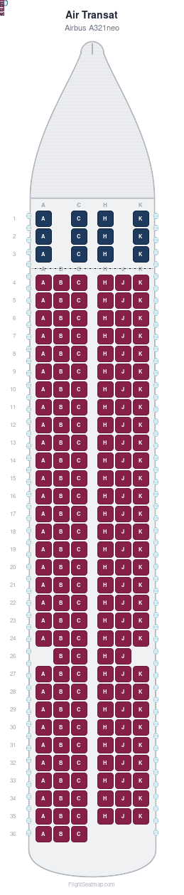 Air Transat Airbus A321neo seat map layout for flight TS261 from BCN to YUL