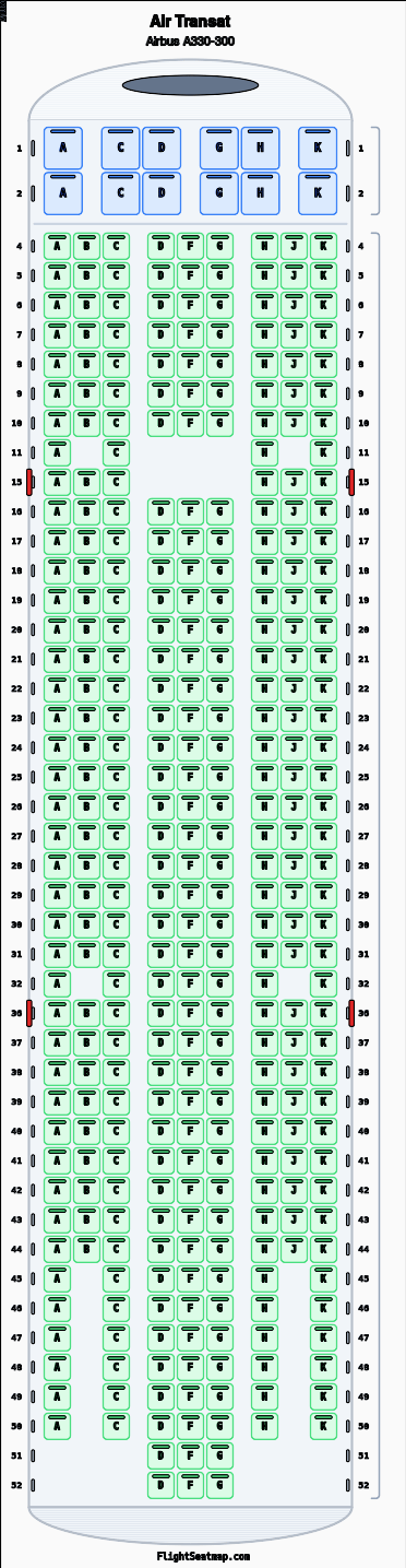 Air Transat Airbus A330-300 seat map layout showing 2-class configuration with 365 seats