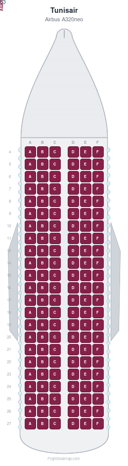 Tunisair Airbus A320neo seat map layout for flight TU791 from LHR to TUN