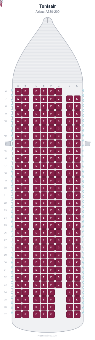 Tunisair Airbus A330-200 seat map layout showing 1-class configuration with 242 seats