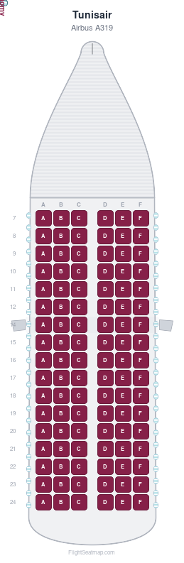 Tunisair Airbus A319 seat map layout showing 1-class configuration with 102 seats