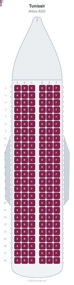 Tunisair Airbus A320 seat map layout showing 1-class configuration with 150 seats