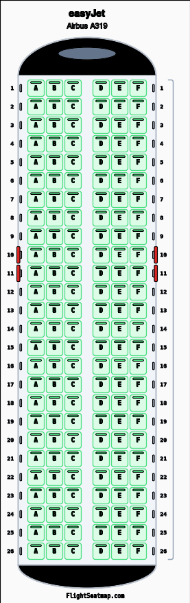 easyJet Airbus A319 seat map layout showing 1-class configuration with 156 seats