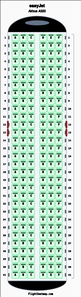 easyJet Airbus A320 seat map layout showing 1-class configuration with 186 seats