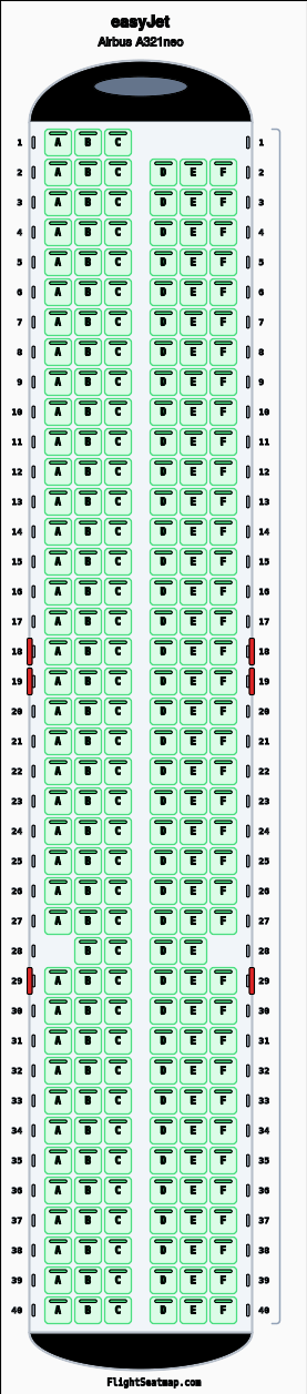 easyJet Airbus A321neo seat map layout showing 1-class configuration with 235 seats