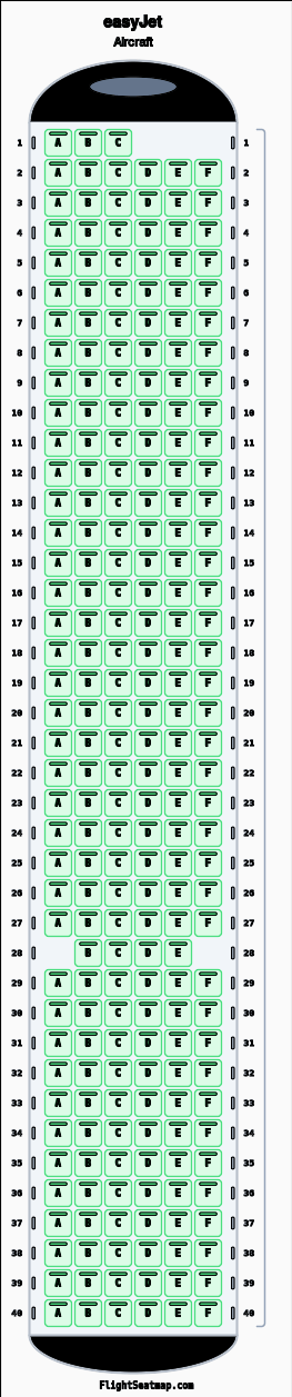 easyJet  seat map layout showing 1-class configuration with 235 seats