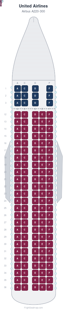 United Airlines Airbus A220-300 seat map layout for flight UA8021 from IAH to YYZ