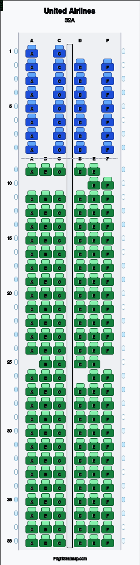 United Airlines Airbus A320 (sharklets) seat map layout for flight UA8733 from FRA to PRG