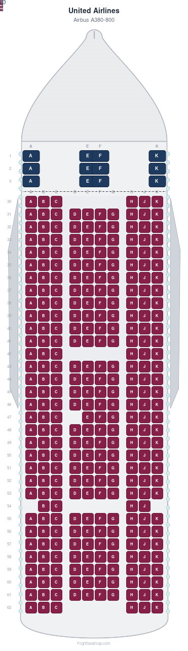 United Airlines Airbus A380-800 seat map layout for flight UA7286 from LAX to ICN