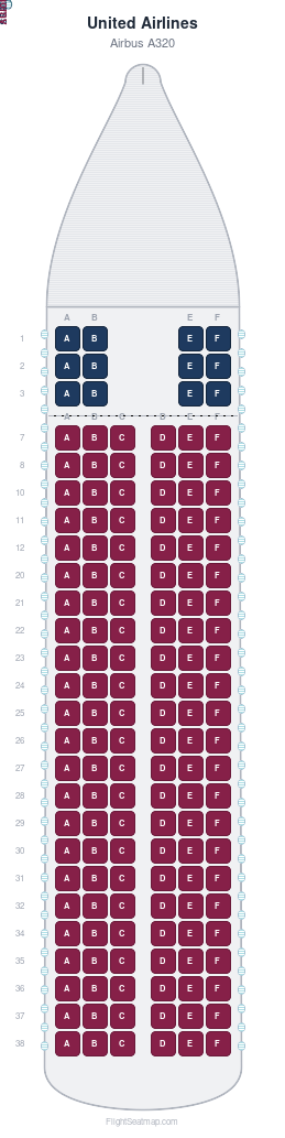 United Airlines Airbus A320 seat map layout for flight UA1767 from RAP to DEN