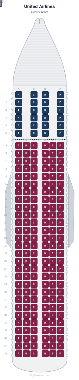 United Airlines Airbus A321 seat map layout showing 2-class configuration with 192 seats
