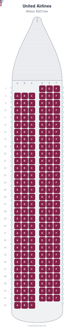 United Airlines Airbus A321neo seat map layout showing 1-class configuration with 180 seats