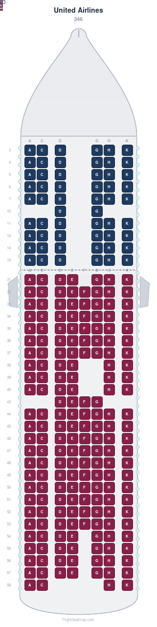 United Airlines 346 seat map layout showing 2-class configuration with 245 seats