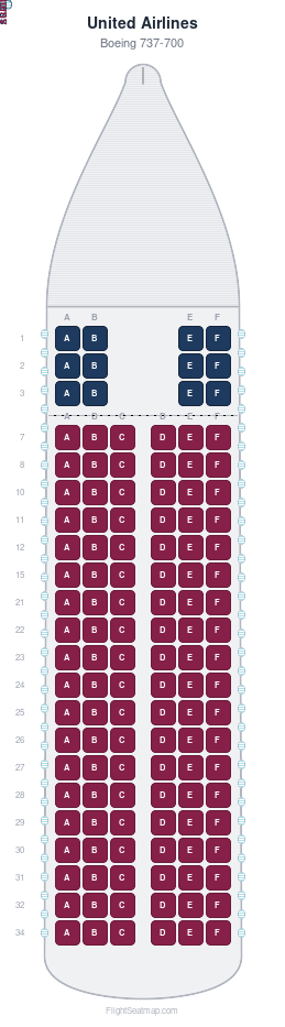 United Airlines Boeing 737-700 seat map layout for flight UA2190 from DCA to LAS