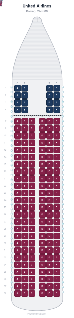 United Airlines Boeing 737-800 seat map layout showing 2-class configuration with 166 seats