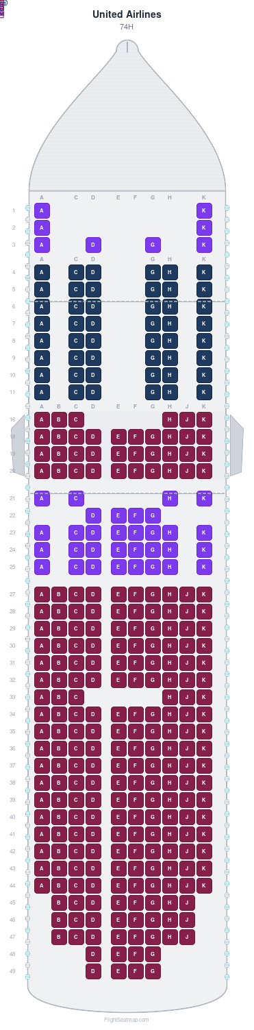 United Airlines 74H seat map layout showing 3-class configuration with 332 seats