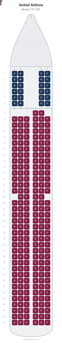 United Airlines Boeing 757-300 seat map layout showing 2-class configuration with 234 seats