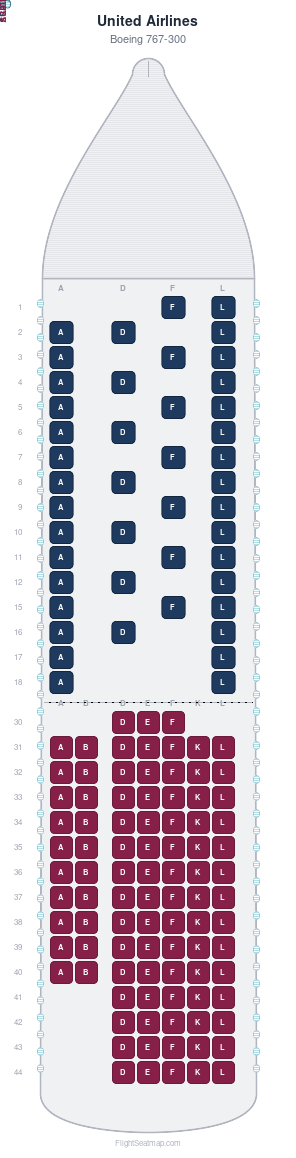 United Airlines Boeing 767-300 seat map layout for flight UA921 from LHR to EWR