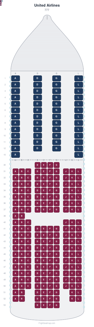 United Airlines Boeing 777 seat map layout for flight UA933 from FRA to IAD