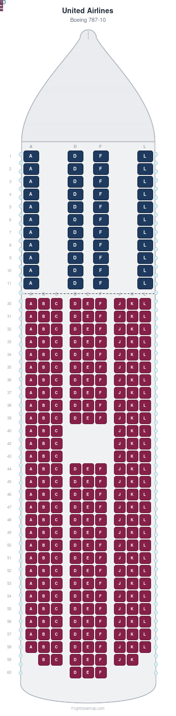 United Airlines Boeing 787-10 seat map layout for flight UA219 from ORD to HNL