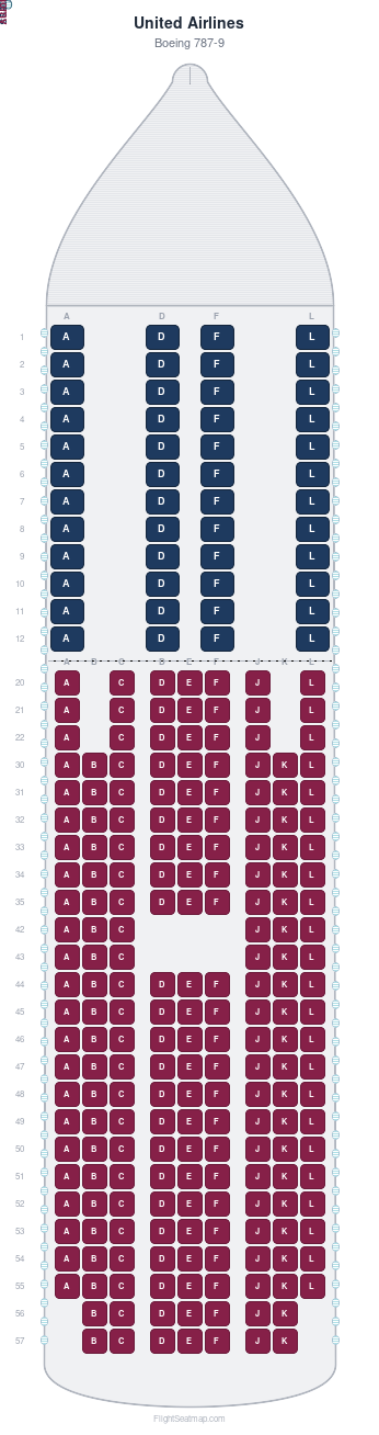 United Airlines Boeing 787-9 seat map layout for flight UA842 from SYD to LAX