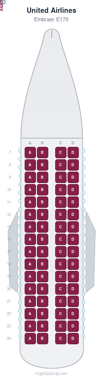 United Airlines Embraer E170 seat map layout showing 1-class configuration with 64 seats