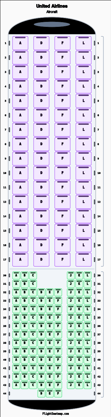 United Airlines  seat map layout showing 2-class configuration with 187 seats