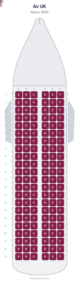 Air UK Airbus A320 seat map layout showing 1-class configuration with 132 seats
