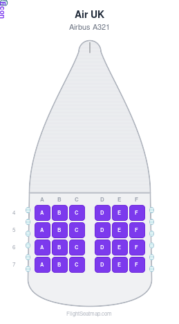 Air UK Airbus A321 seat map layout showing 1-class configuration with 24 seats