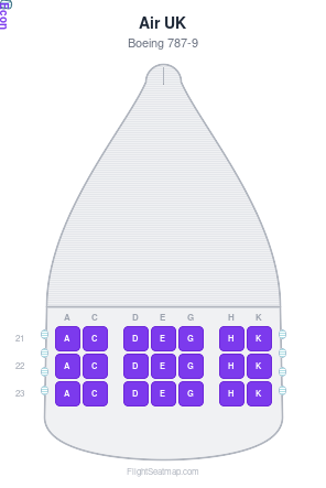 Air UK Boeing 787-9 seat map layout showing 1-class configuration with 21 seats