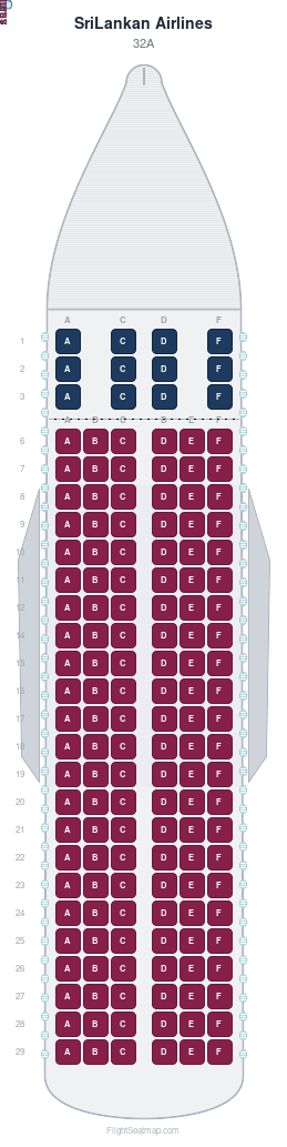 SriLankan Airlines Airbus A320 (sharklets) seat map layout for flight UL165 from CMB to COK