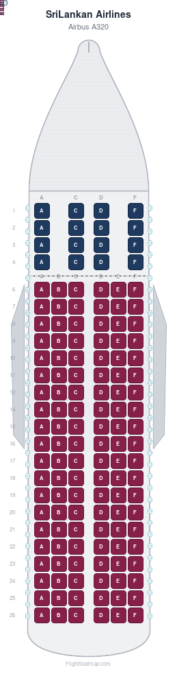 SriLankan Airlines Airbus A320 seat map layout for flight UL196 from DEL to CMB