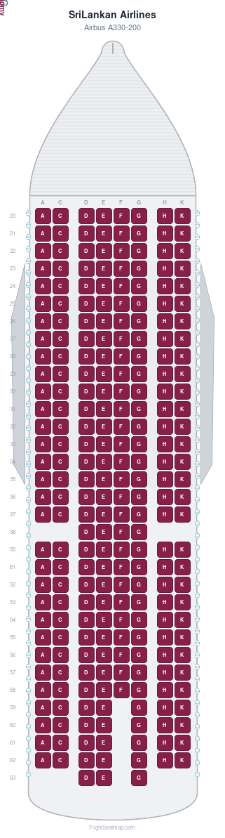 SriLankan Airlines Airbus A330-200 seat map layout showing 1-class configuration with 251 seats