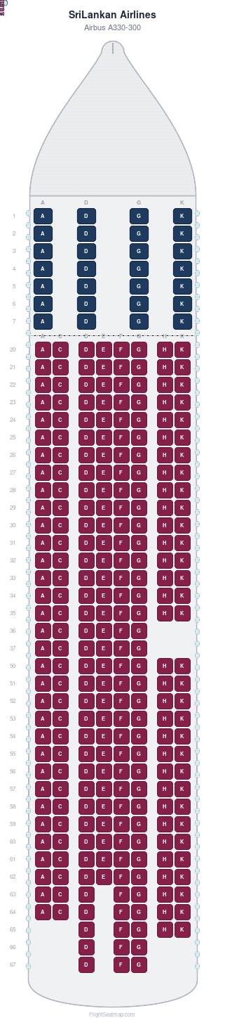 SriLankan Airlines Airbus A330-300 seat map layout for flight UL503 from CMB to LHR